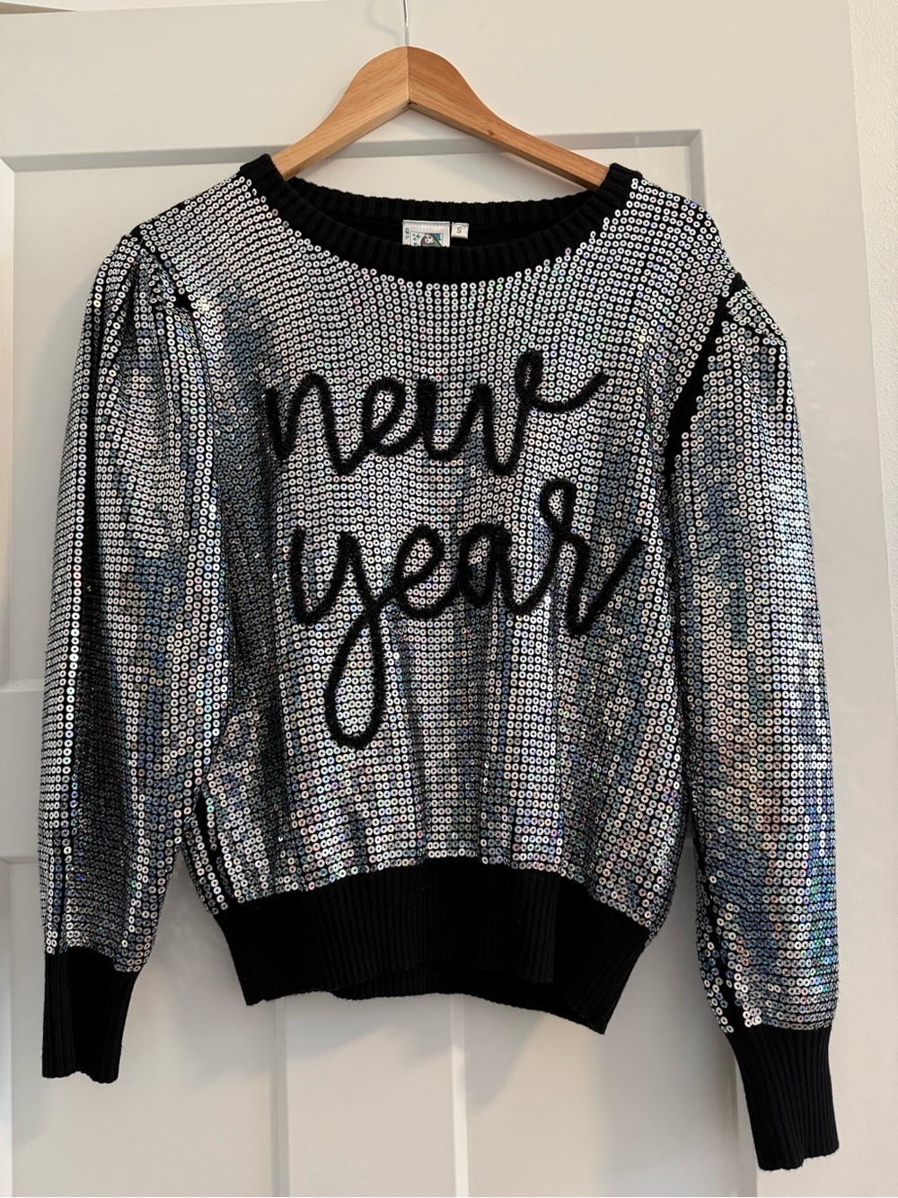 QUEEN OF SPARKLES Silver Sequin 'New Year' Sweater with Black Trim